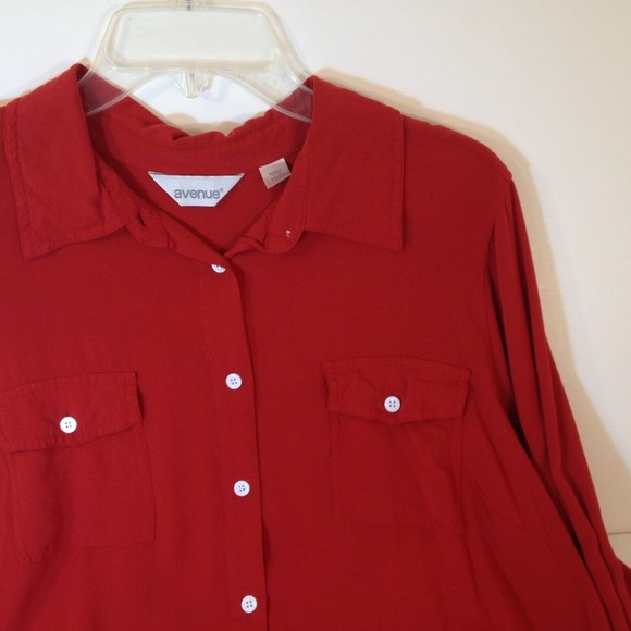 Avenue Long Sleeve Button Up Top Red Blouse Chest Pockets Size 22-24 - Picture 5 of 10